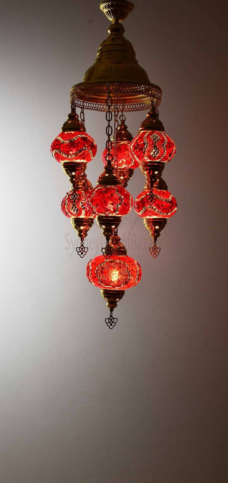 Turkish Mosaic Pendant Light 7 Globes in Gold Lighting Sydney Grand Bazaar Red 