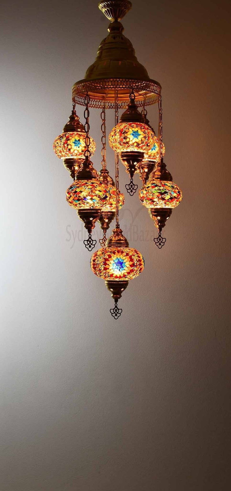 Turkish Mosaic Pendant Light 7 Globes in Gold Lighting Sydney Grand Bazaar Multicolour 5 