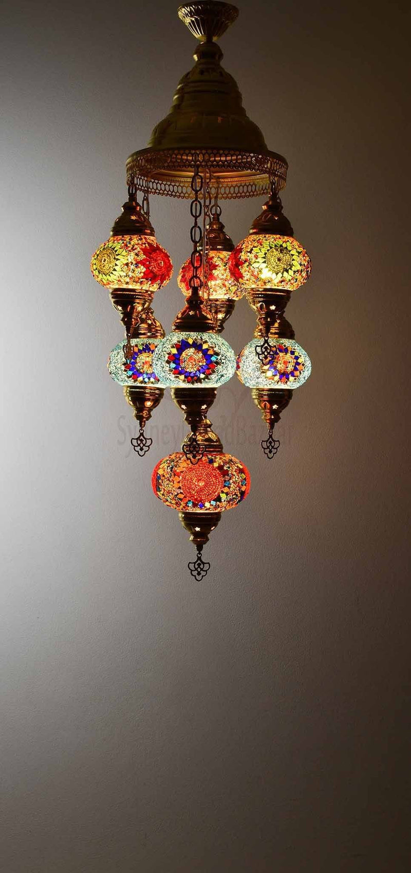 Turkish Mosaic Pendant Light 7 Globes in Gold Lighting Sydney Grand Bazaar Multicolour 2 