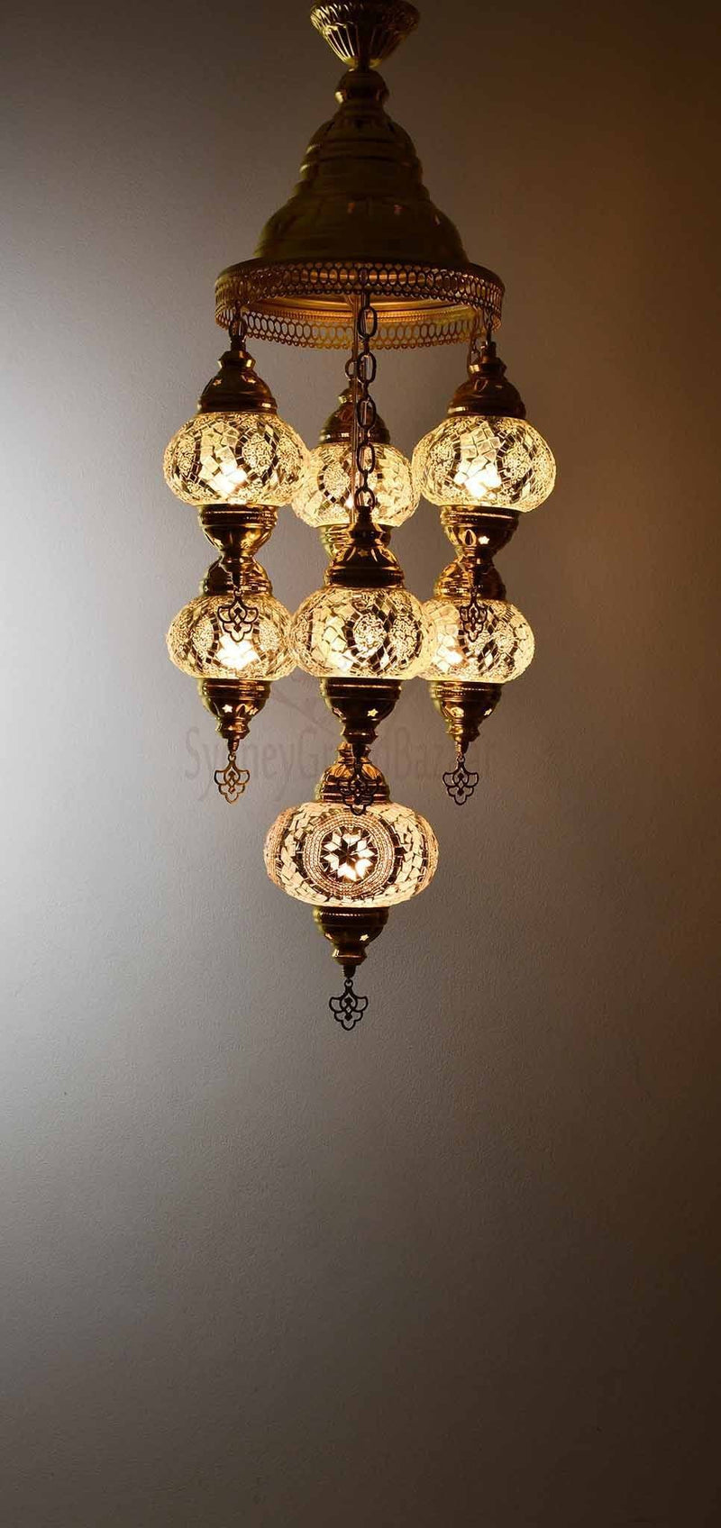 Turkish Mosaic Pendant Light 7 Globes in Gold Lighting Sydney Grand Bazaar Clear white 