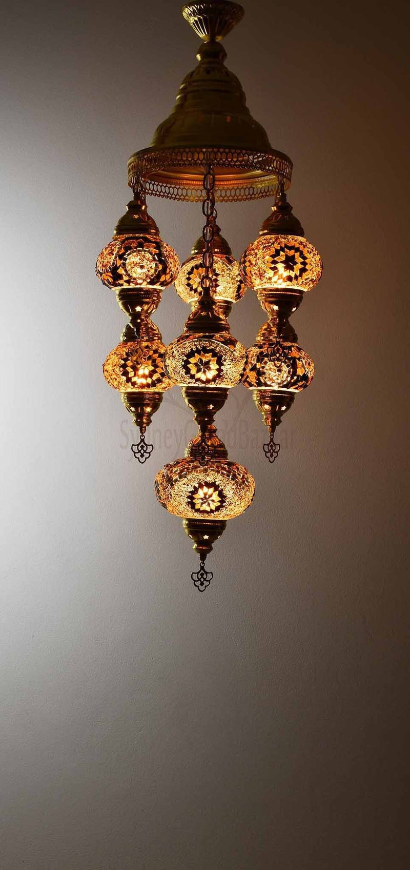 Turkish Mosaic Pendant Light 7 Globes in Gold Lighting Sydney Grand Bazaar Golden brown 