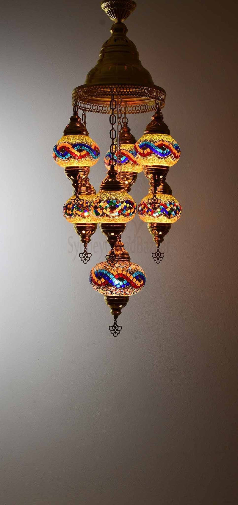 Turkish Mosaic Pendant Light 7 Globes in Gold Lighting Sydney Grand Bazaar Multicolour 4 