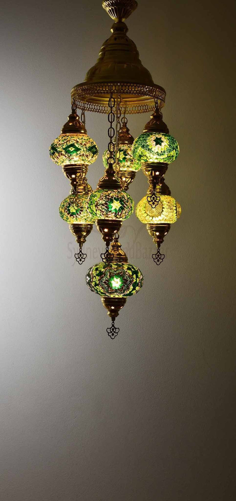 Turkish Mosaic Pendant Light 7 Globes in Gold Lighting Sydney Grand Bazaar Green 