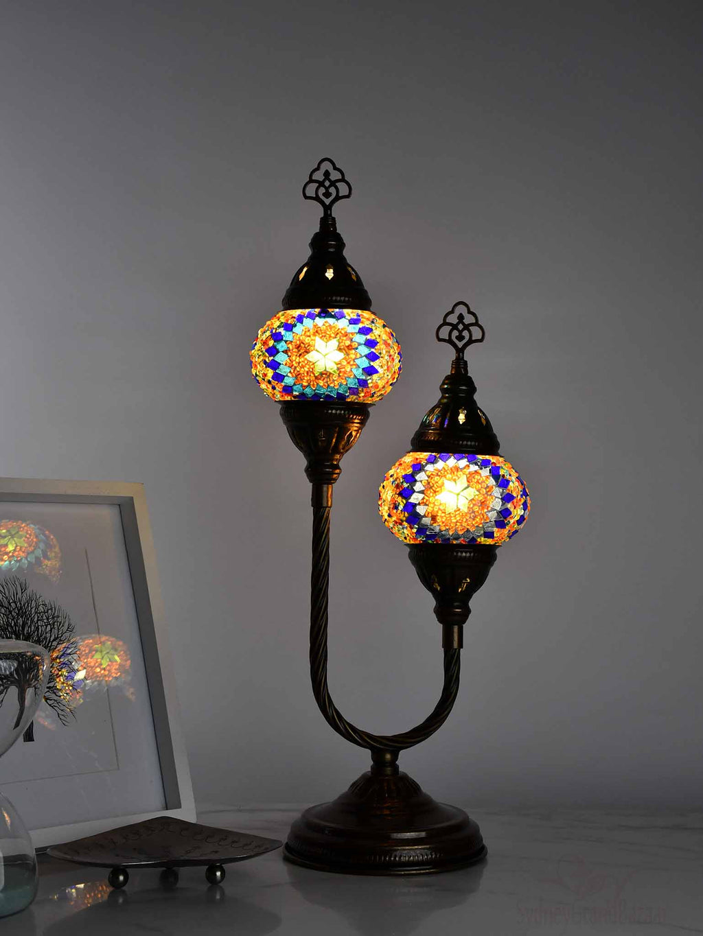 Turkish Mosaic Table Lamp Double X Small Multicolour Blue Orange Lighting Sydney Grand Bazaar 
