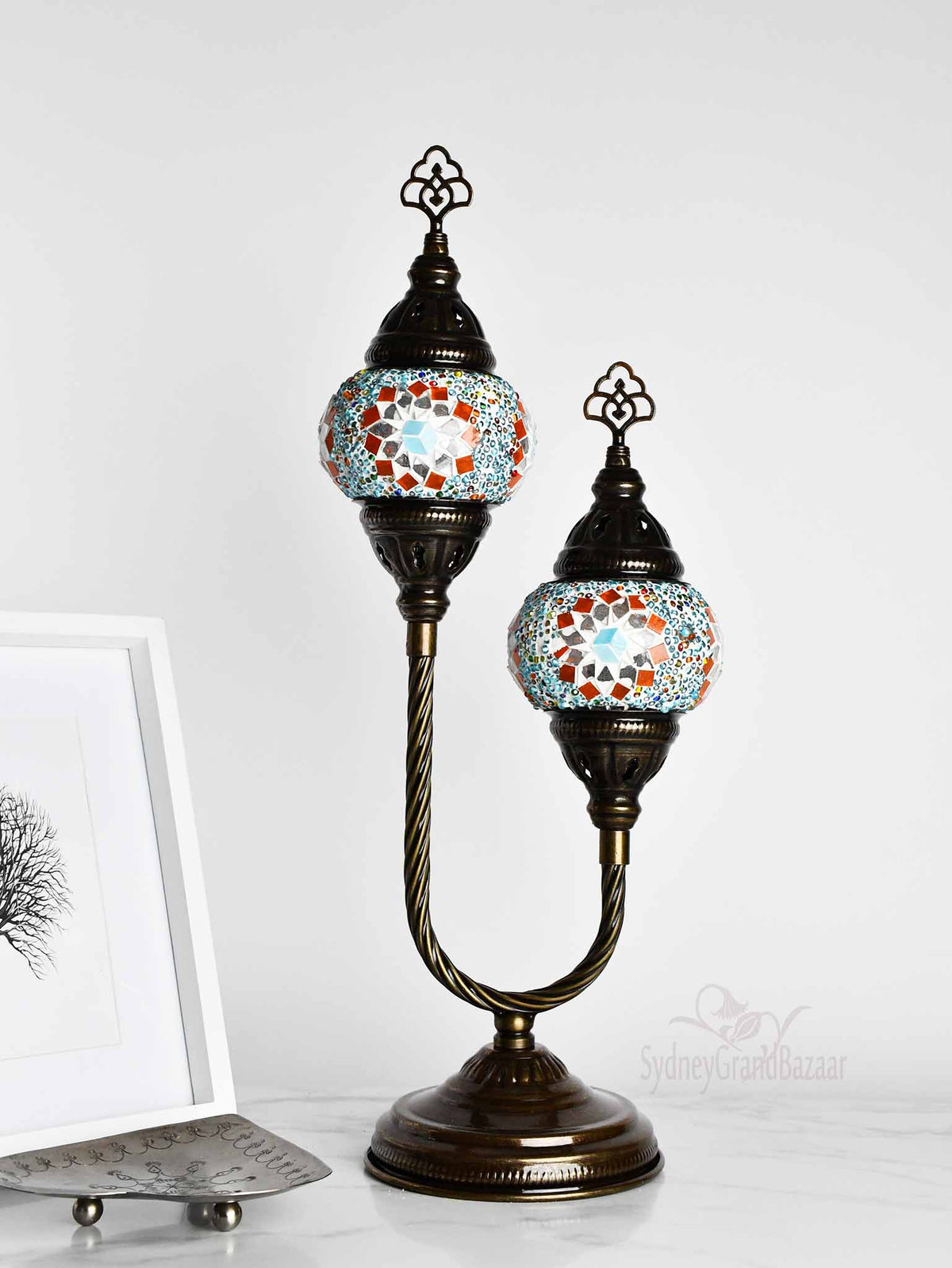 Turkish Mosaic Table Lamp Double X Small Multicolour Turquoise Orange Lighting Sydney Grand Bazaar 
