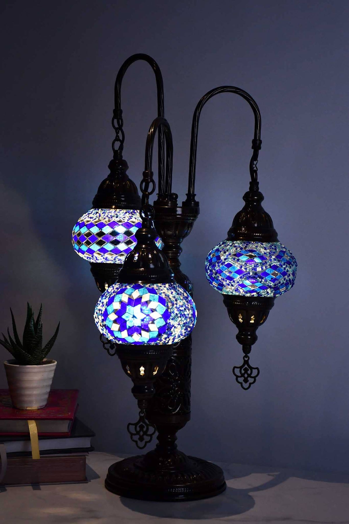 Turkish Mosaic Table Lamp Triple Medium Blue Beads Mixed Lighting Sydney Grand Bazaar 