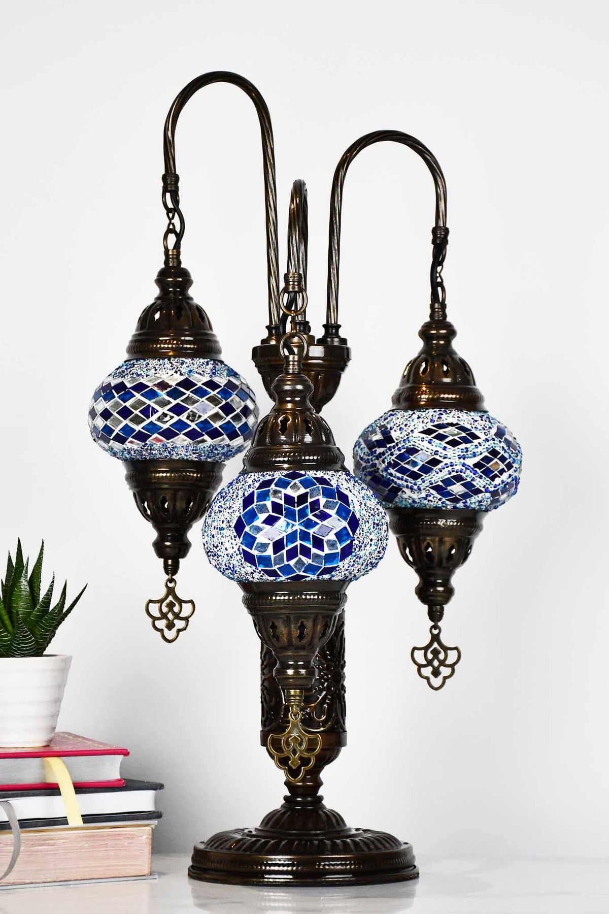 Turkish Mosaic Table Lamp Triple Medium Blue Beads Mixed Lighting Sydney Grand Bazaar 