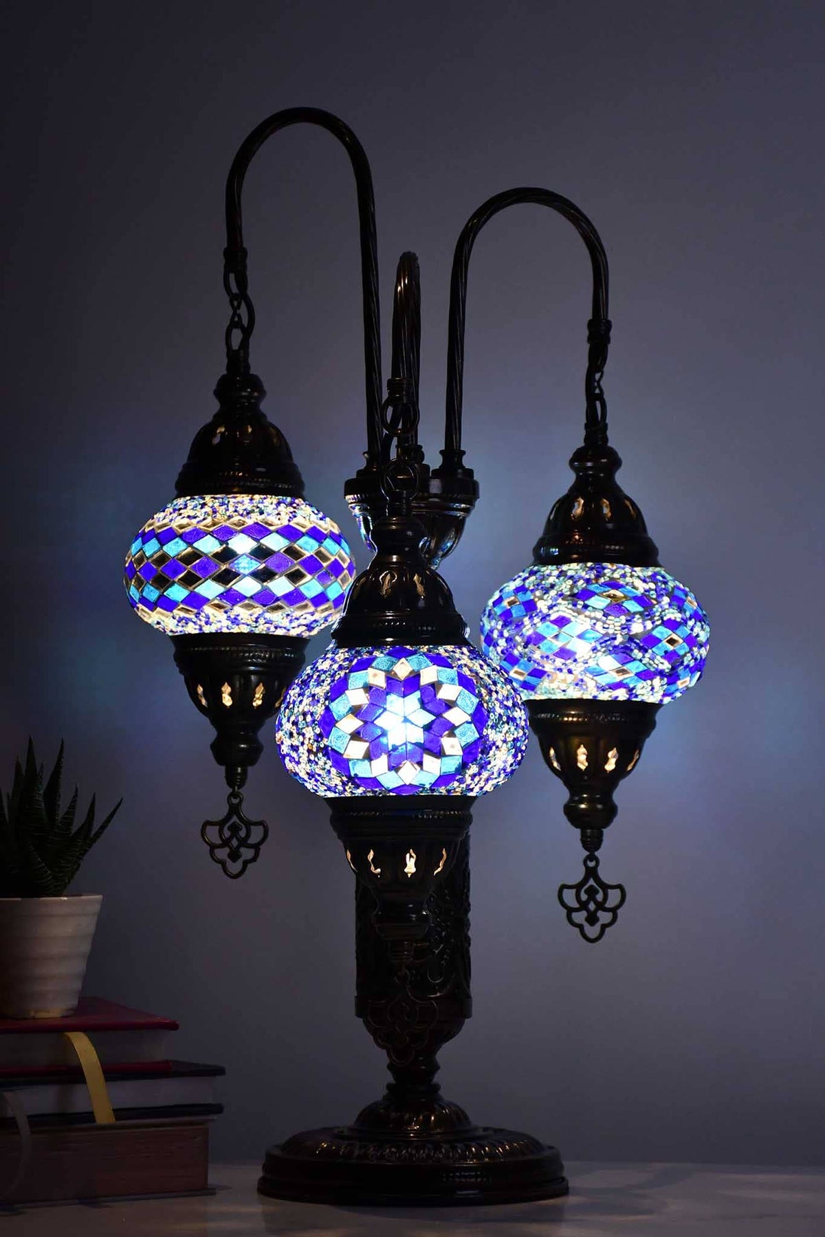 Turkish Mosaic Table Lamp Triple Medium Blue Beads Mixed Lighting Sydney Grand Bazaar 