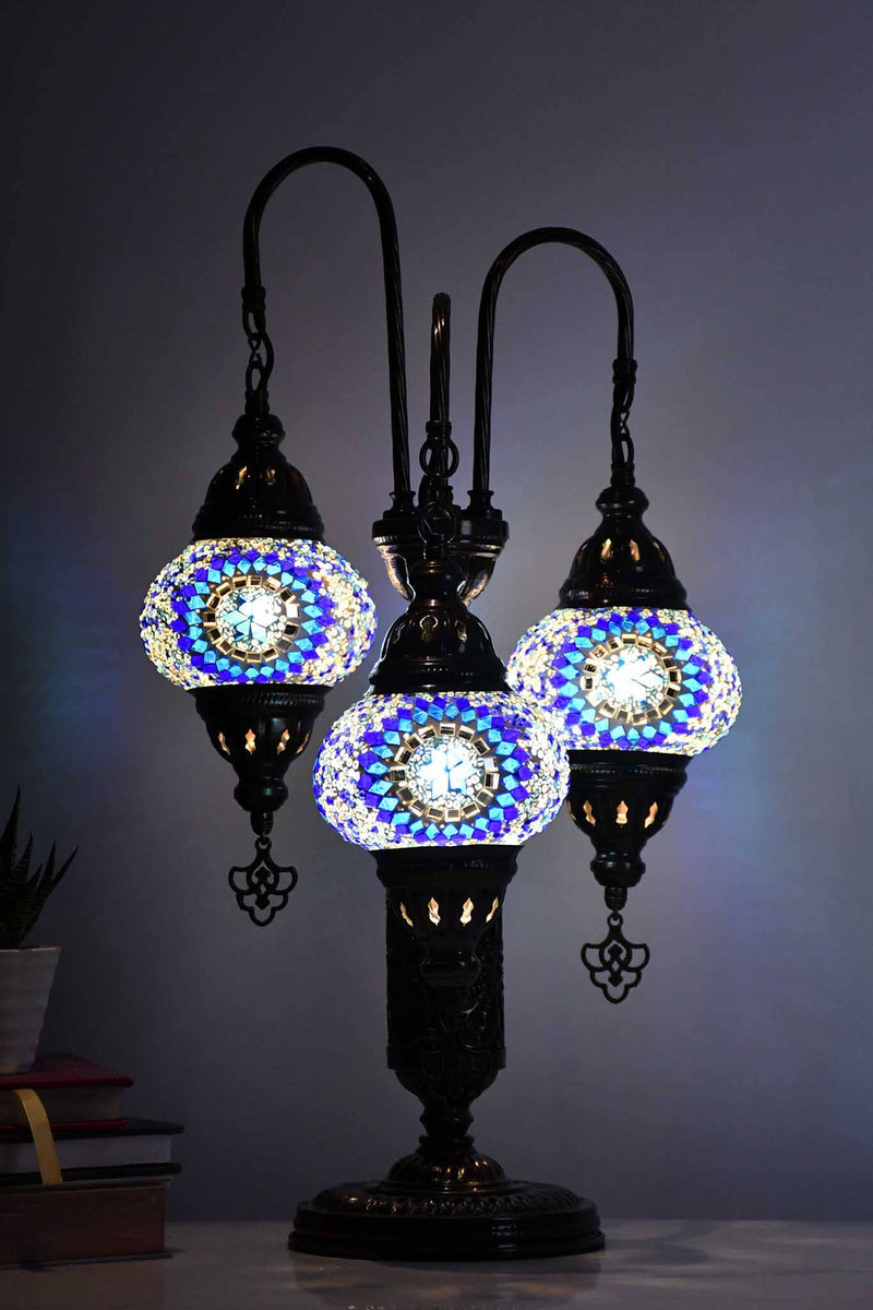 Turkish Mosaic Table Lamp Triple Medium Blue Star Circle Lighting Sydney Grand Bazaar 
