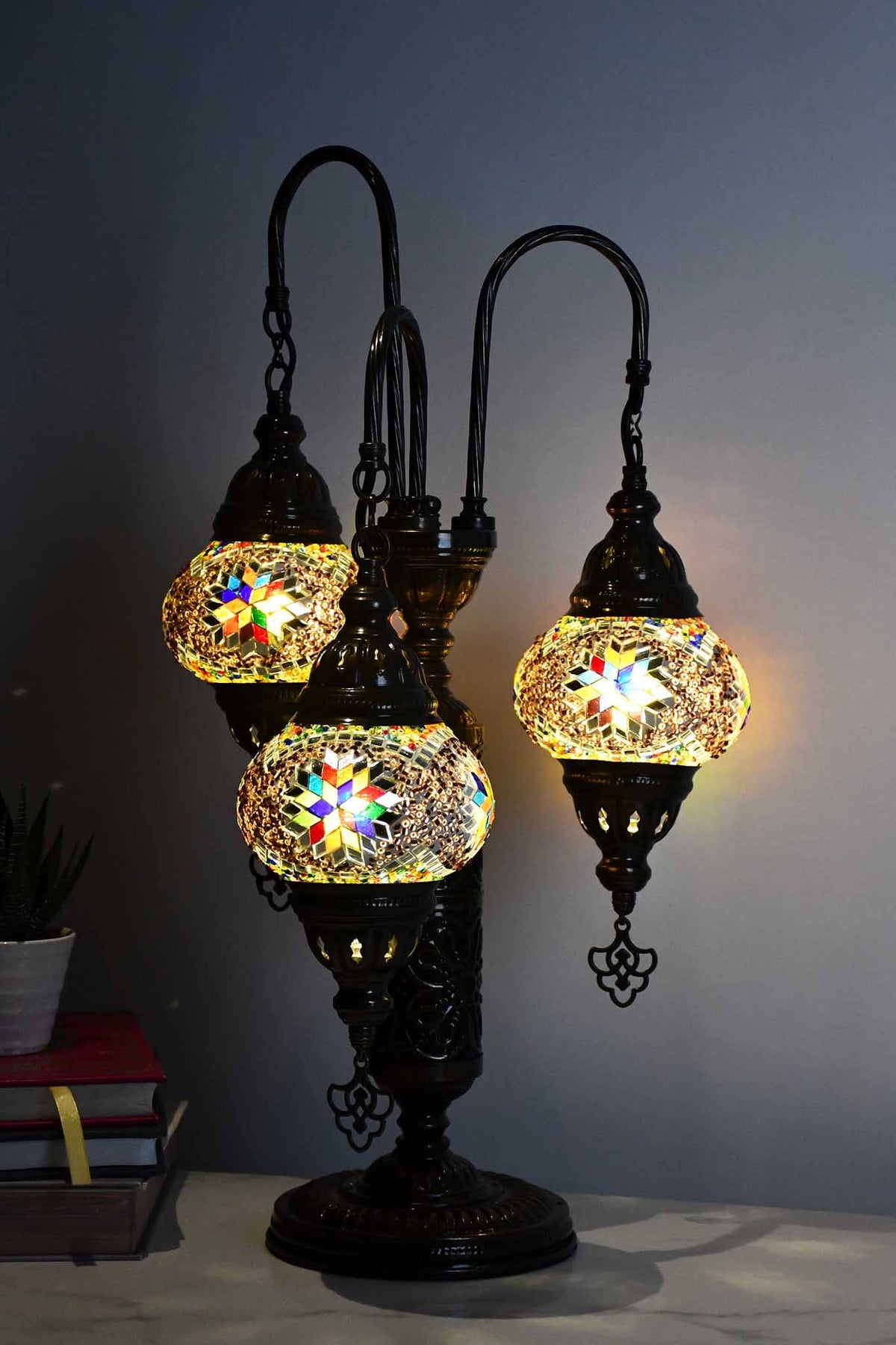 Turkish Mosaic Table Lamp Triple Medium Colourful Arch Maroon Lighting Sydney Grand Bazaar 