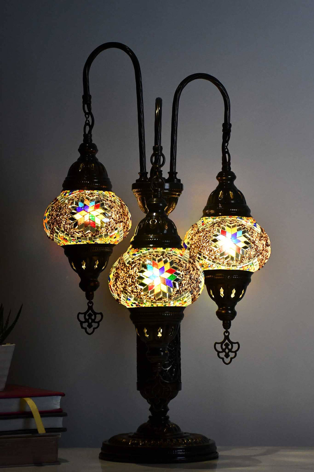 Turkish Mosaic Table Lamp Triple Medium Colourful Arch Maroon Lighting Sydney Grand Bazaar 