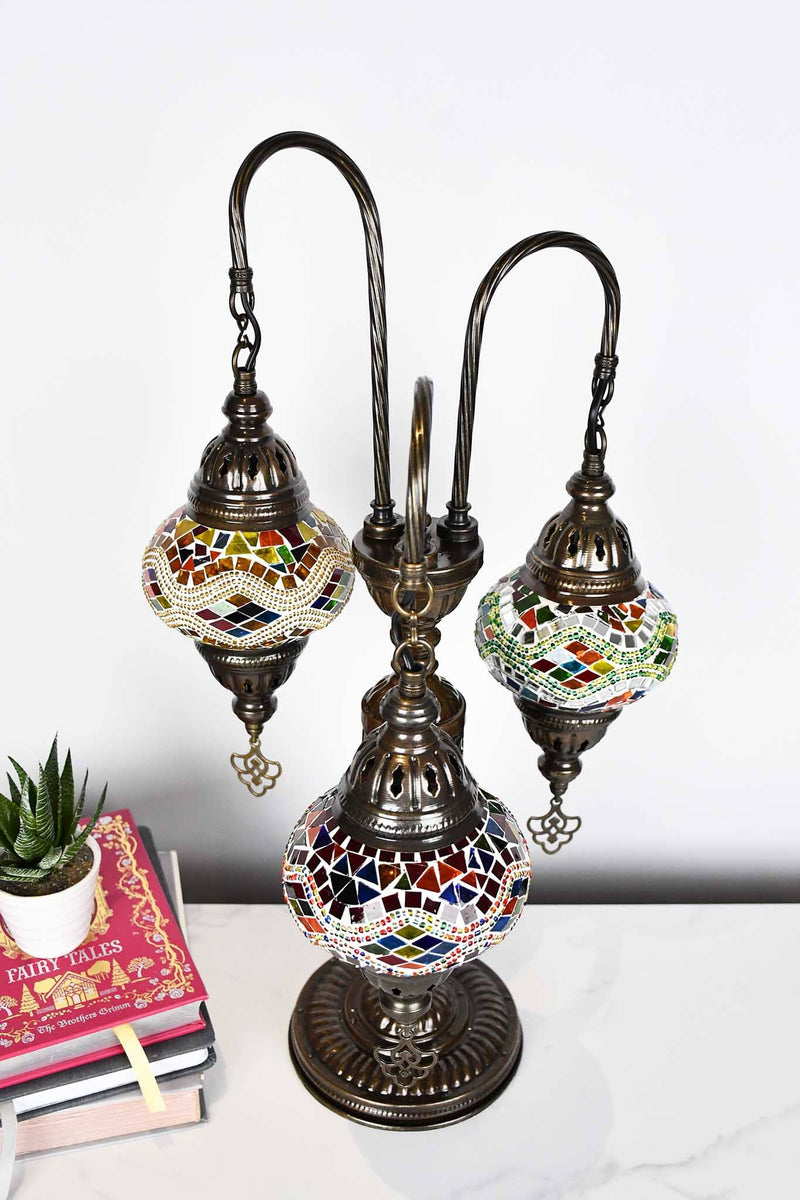 Turkish Mosaic Table Lamp Triple Medium Colourful Kilim Mixed Lighting Sydney Grand Bazaar 
