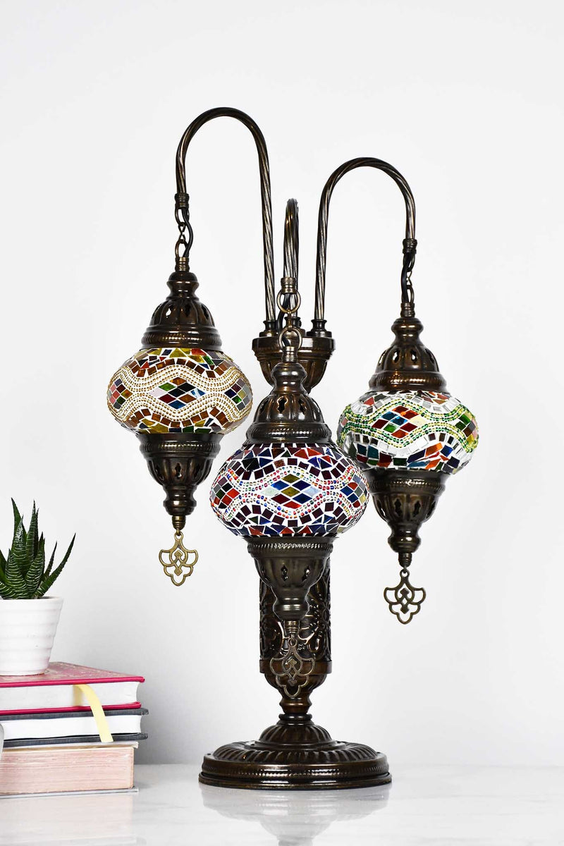 Turkish Mosaic Table Lamp Triple Medium Colourful Kilim Mixed Lighting Sydney Grand Bazaar 
