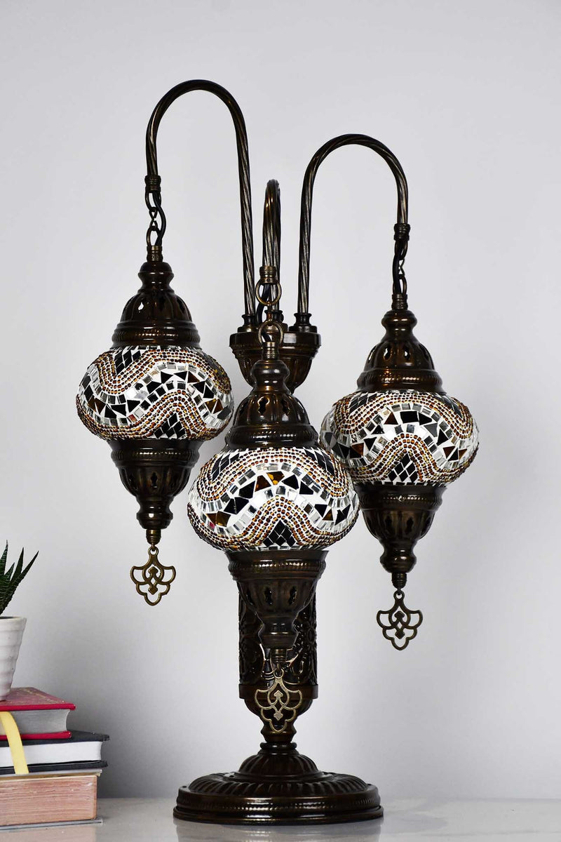 Turkish Mosaic Table Lamp Triple Medium Golden Brown Zigzag Lighting Sydney Grand Bazaar 