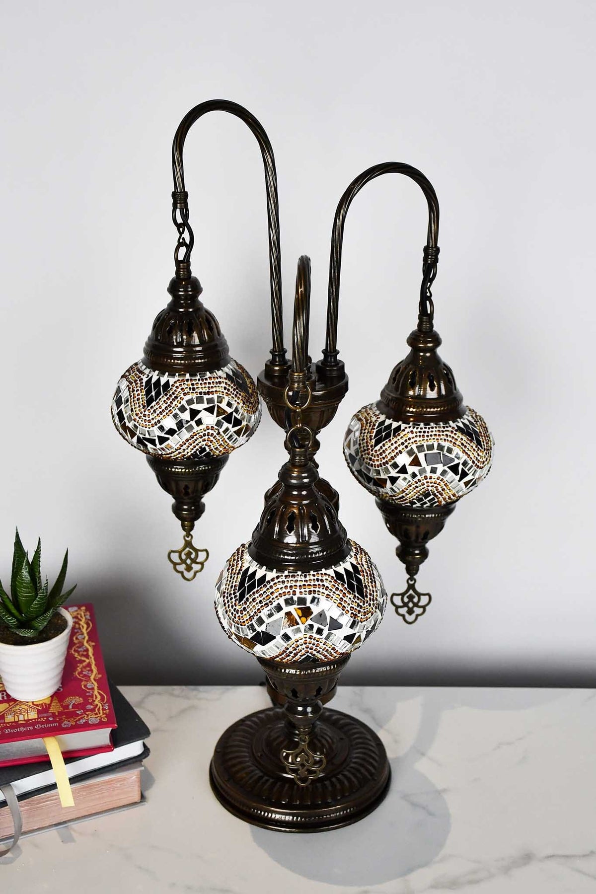 Turkish Mosaic Table Lamp Triple Medium Golden Brown Zigzag Lighting Sydney Grand Bazaar 
