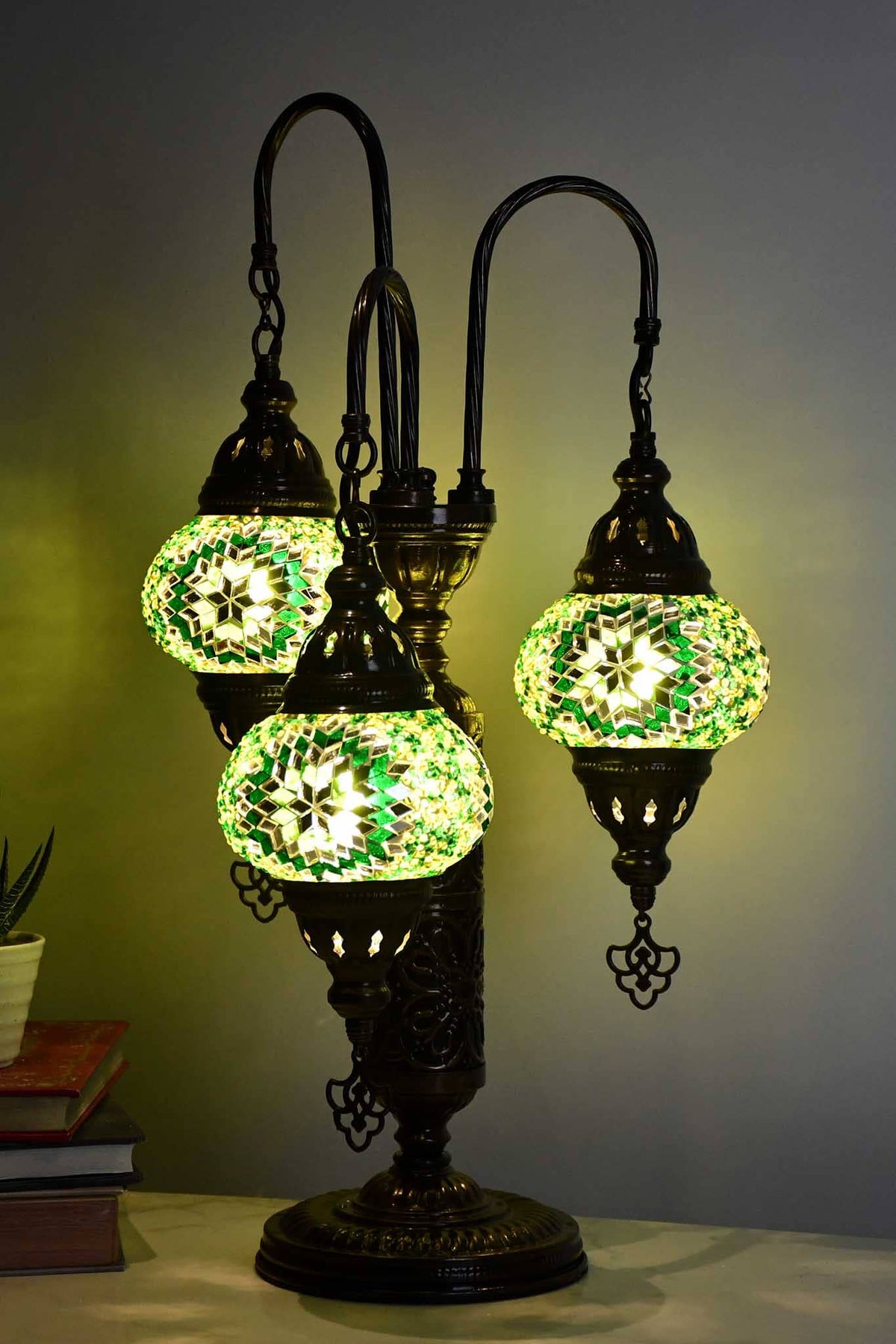 Turkish Mosaic Table Lamp Triple Medium Green Star Beads Lighting Sydney Grand Bazaar 