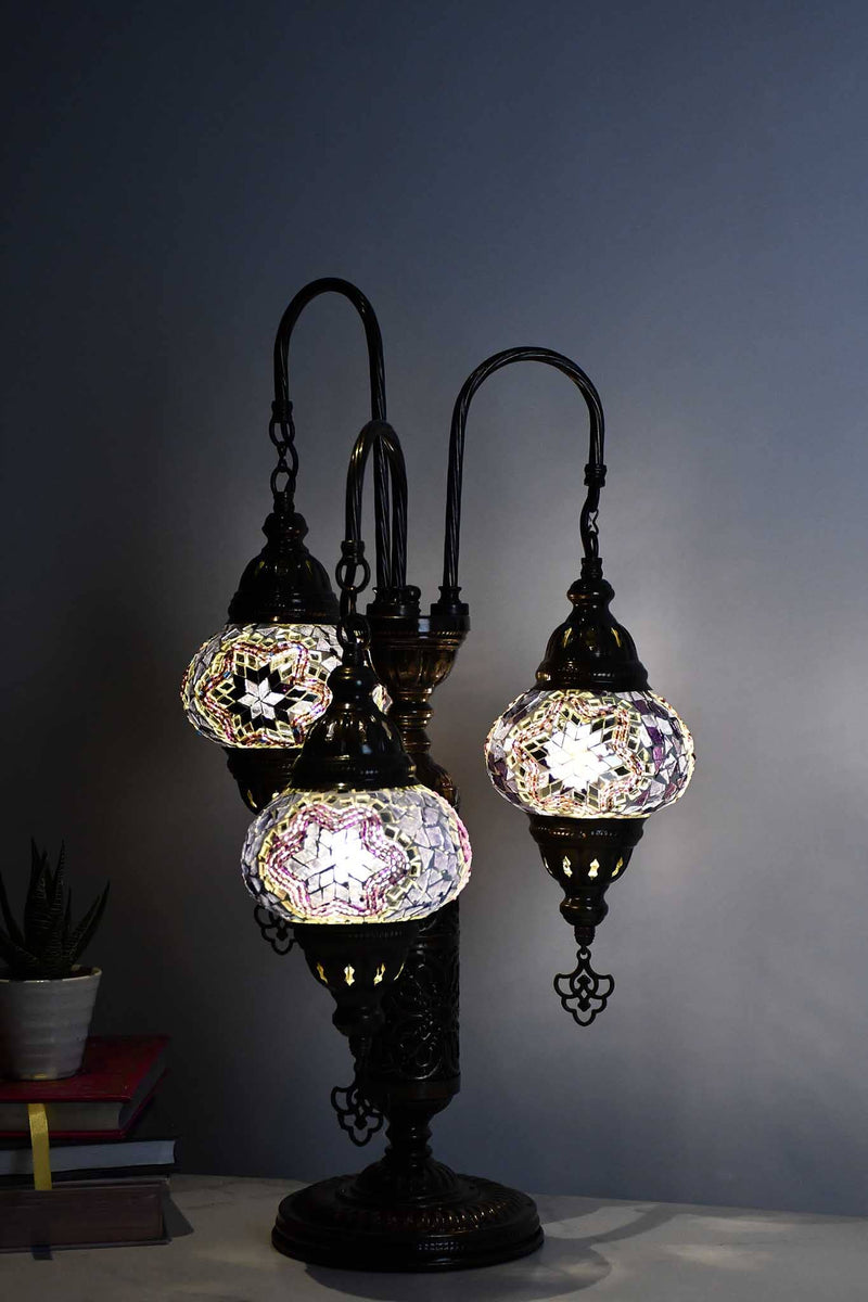 Turkish Mosaic Table Lamp Triple Medium Purple Star Mixed Lighting Sydney Grand Bazaar 