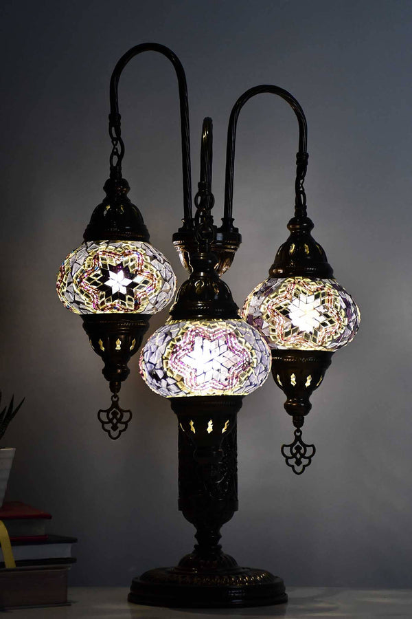 Turkish Mosaic Table Lamp Triple Medium Purple Star Mixed Lighting Sydney Grand Bazaar 