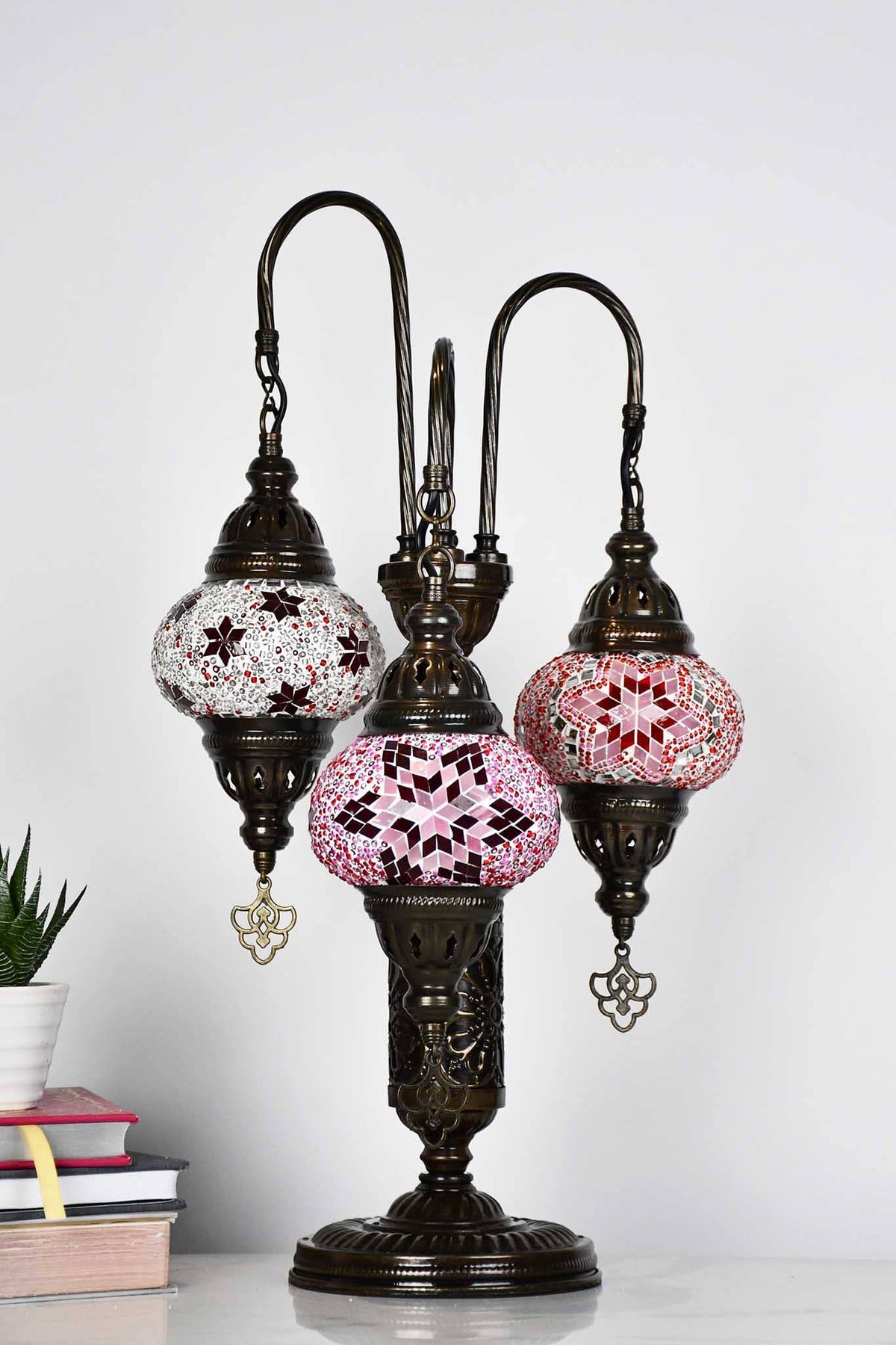 Turkish Mosaic Table Lamp Triple Medium Red Pink Mixed Lighting Sydney Grand Bazaar 