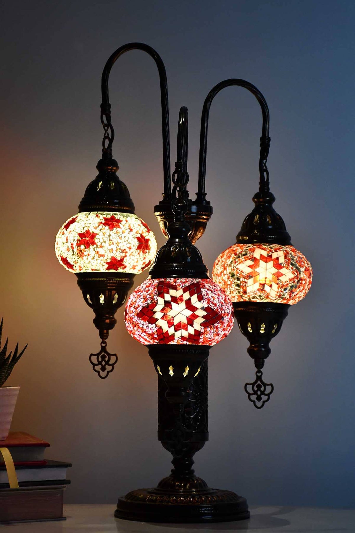 Turkish Mosaic Table Lamp Triple Medium Red Pink Mixed Lighting Sydney Grand Bazaar 