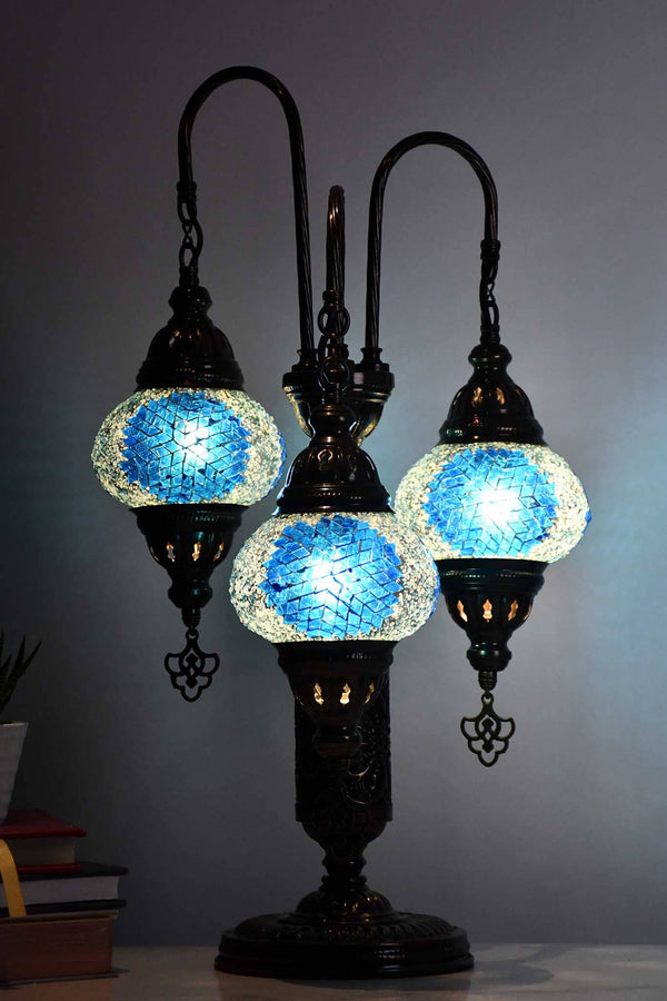 Turkish Mosaic Table Lamp Triple Medium Turquoise Star Beads Lighting Sydney Grand Bazaar 
