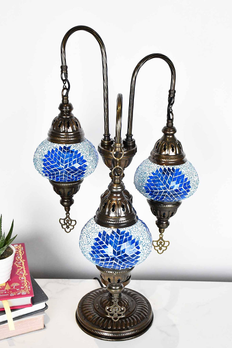 Turkish Mosaic Table Lamp Triple Medium Turquoise Star Beads Lighting Sydney Grand Bazaar 