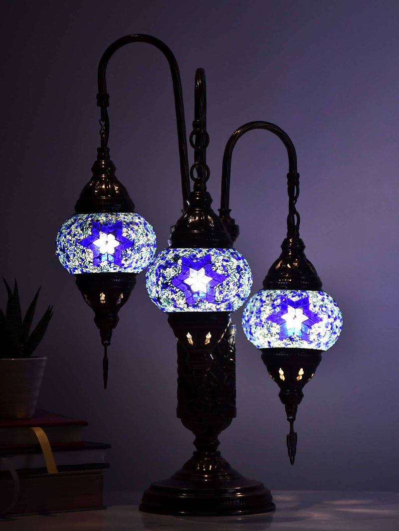 Turkish Mosaic Table Lamp Triple Medium Turquoise Star Beads