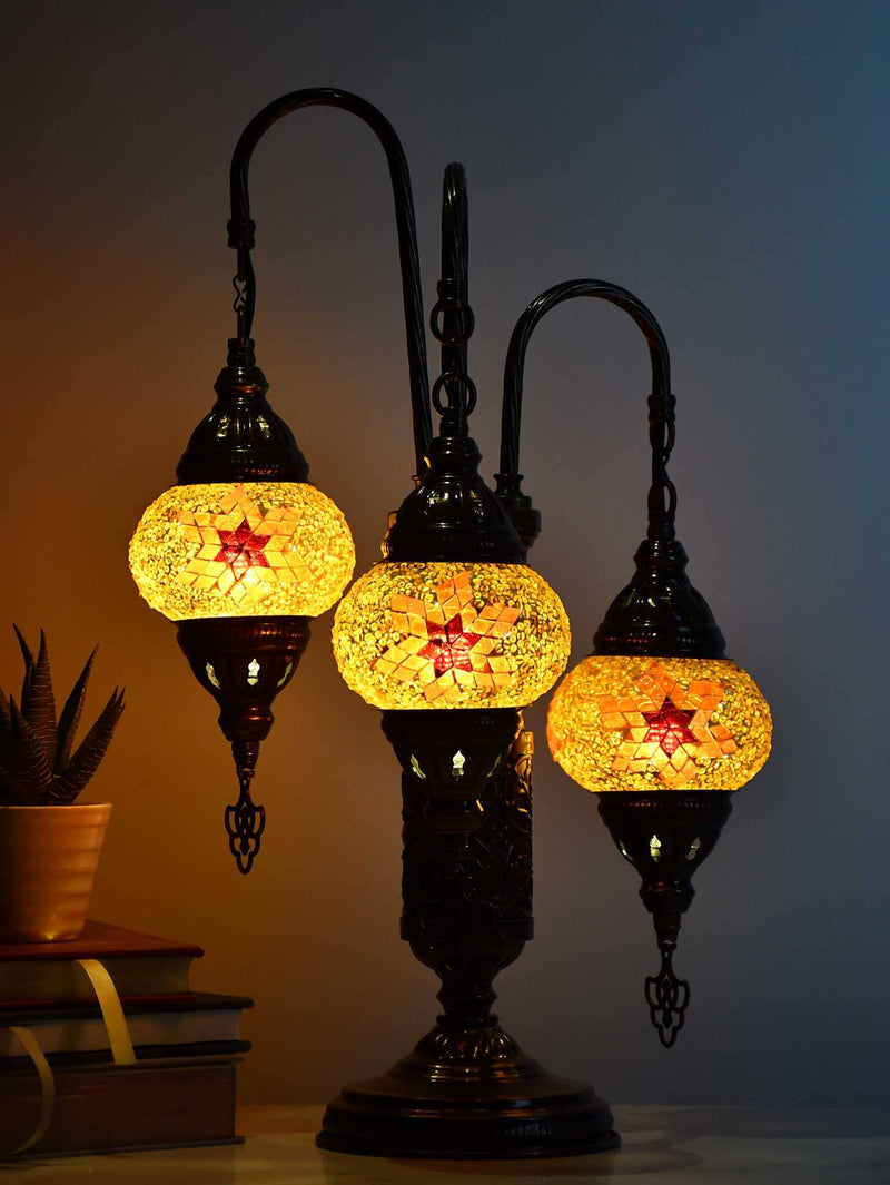 Turkish Mosaic Table Lamp Triple Medium Turquoise Star