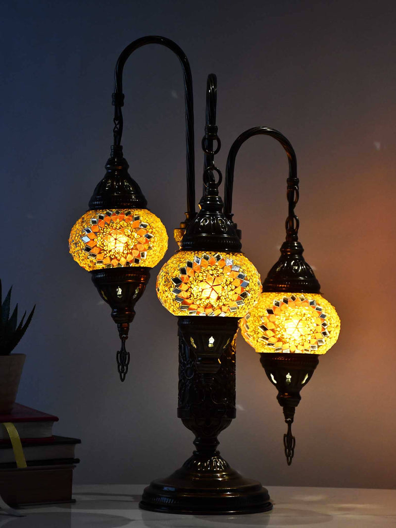 Turkish Mosaic Table Lamp Triple Medium Colourful Arch Maroon