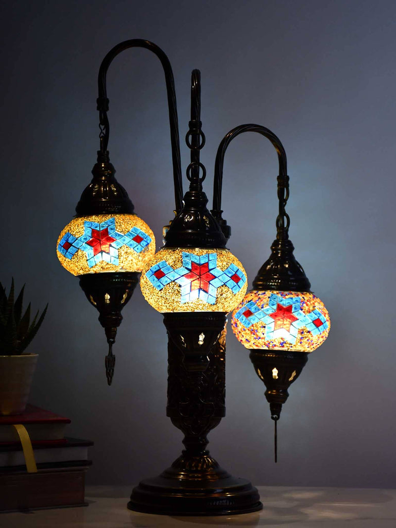 Turkish Mosaic Table Lamp Triple Medium Orange Star Mixed