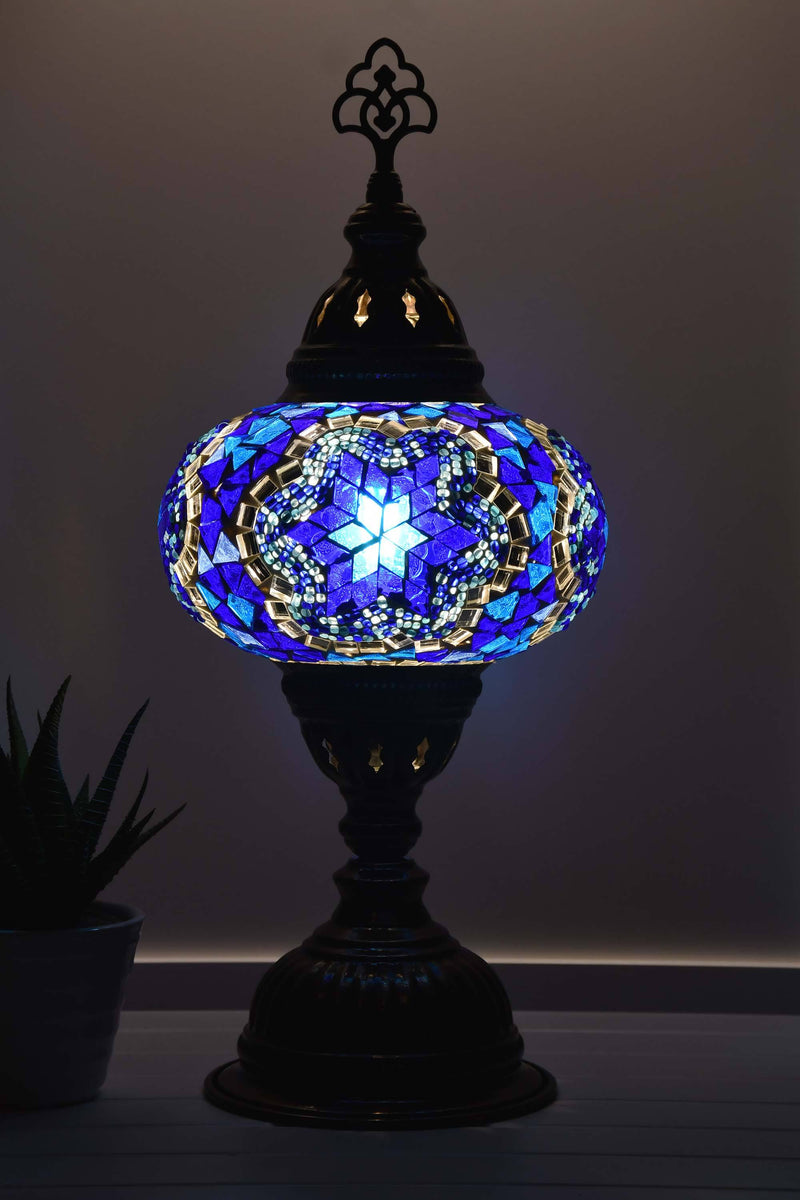 Turkish Table Lamp Multicoloured Mosaic Blue Circle