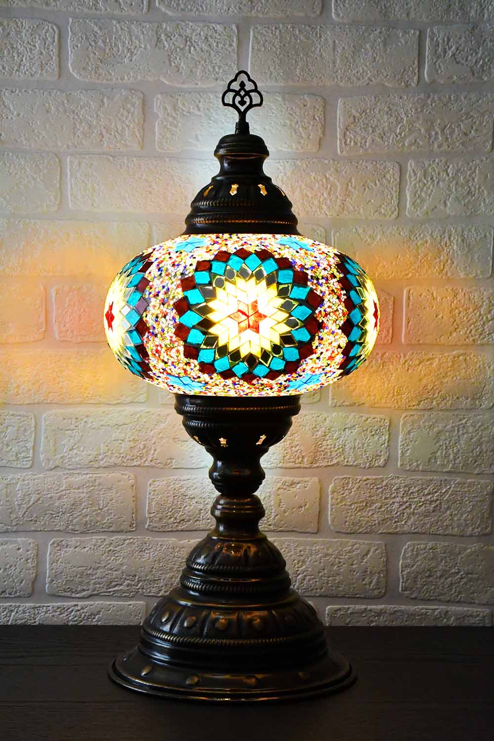 Turkish Table Lamp Large Multicoloured Aqua Round Star Lighting Sydney Grand Bazaar 