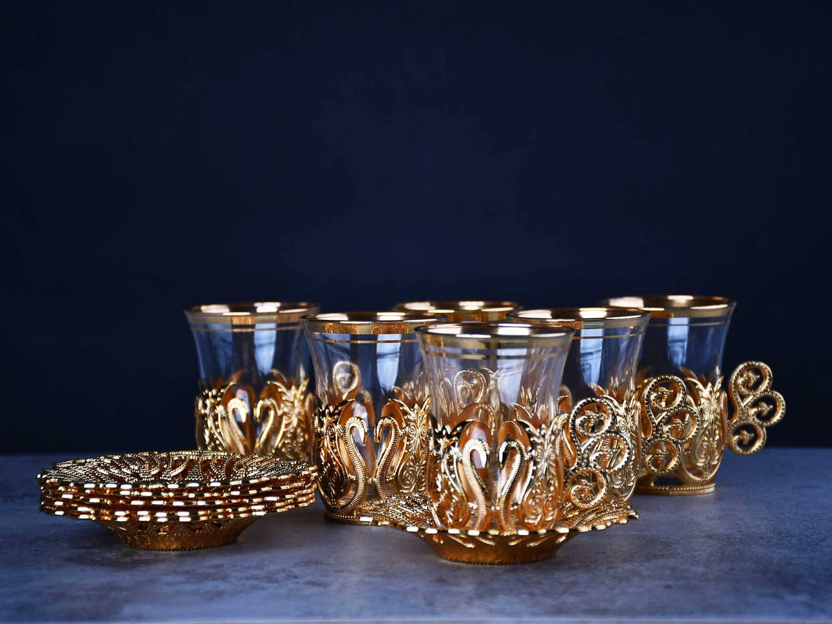 Turkish Tea Cup Set of 6 Copper Collection Gold Ceramic Sydney Grand Bazaar 