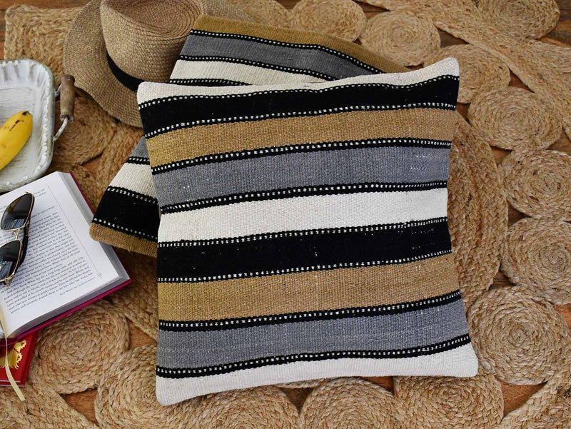 Vintage Kilim Cushion Cover Brown Grey Stripe Textile Sydney Grand Bazaar 