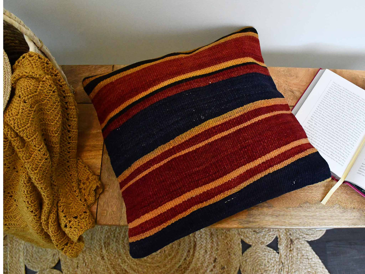 Vintage Kilim Cushion Cover Burgundy Navy Stripe Textile Sydney Grand Bazaar 