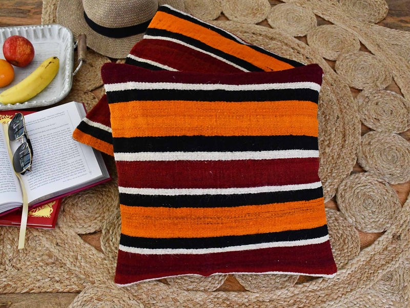 Vintage Kilim Cushion Cover Burgundy Orange Stripe Textile Sydney Grand Bazaar 